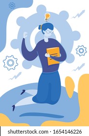 Woman Assistant Jumping Holding Folder with Documents Flat Cartoon Vector Illustration. Leading Company to Success. Manager Generating New Ideas on Mechanism Background. Female Worker.