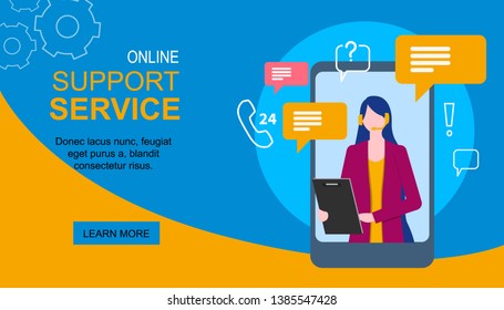 Woman Assistant on Mobile Phone Display Support Service Vector Illustration. Internet Virtual Customer Help Online Chat Message Smartphone App Female Consultant Hotline Operator Assistance Woman Assistant on Mobile Phone Display Support Service Vector Illustration. Internet Virtual Customer Help Online Chat Message Smartphone App Female Consultant Hotline Operator Assistance