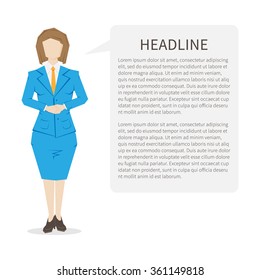 Woman assistant with sample text speech cloud. Customer helpdesk assistance (support service centre). Online operator (assistant). Vector design concept illustration.
