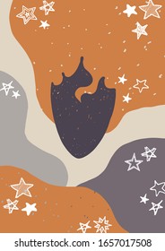 Woman associating autumn silhouette with stars in the hair. Beauty girl hand drawn illustration with ink drops. Creative grunge stylized poster, banner design.