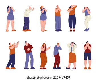 Woman Astonishment And People Afraid. Scared Faces, Person Frightened Stunned Or Feared. Panicking Flat Characters, Emotional Kicky Male Female Vector Set