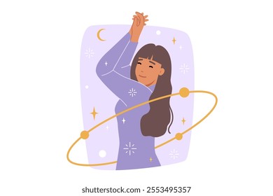 Woman astrologer dances among cosmic stars and orbits, rejoicing at fortune teller prediction of happy future. Girl astrologer suggests using occult and spiritual practices to achieve happiness