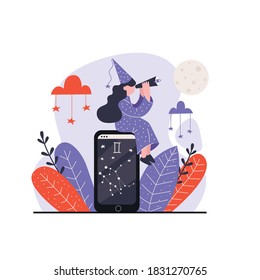 A woman astrologer looking through telescope. Astrological horoscope on mobile phone. The constellation Gemini.  Flat vector illustration.