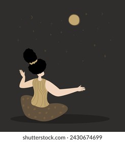 Woman astrologist,fortune-teller making a prediction,forecasting ritual.Esoterics Witch.Sacred Female Power. Empowerment Energy.Flyer,Promo,Banner,Place for text,Advertisement,Flat Vector Illustration