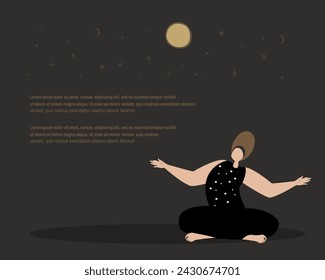 Eine Astrologin, Wahrsagerin, die eine Vorhersage macht, Rituale vorhersagt. Esoterik Hexe. Heilige weibliche Macht. Empowerment Energy.Flyer, Promo,Banner,Ort für Text,Werbung,Flat Vector Illustration