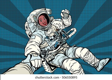 Woman astronaut African American gesture OK, pop art retro comic book vector illustration