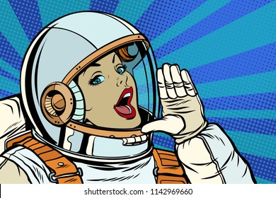 woman astronaut calling for help. Pop art retro vector illustration kitsch vintage drawing