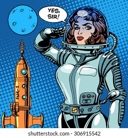 Woman astronaut captain of a spaceship science fiction. Retro style pop art