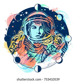 Woman astronaut color tattoo art. Mountains on Mars. Symbol of space travel, scientific research 