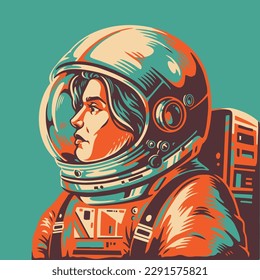 Woman astronaut colorful vintage poster with spacesuit and satchel to supply human with oxygen during spacewalk vector illustration