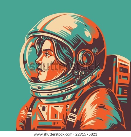 Woman astronaut colorful vintage poster with spacesuit and satchel to supply human with oxygen during spacewalk vector illustration