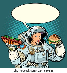 Woman astronaut eats. Cola, hot dog and Burger fast food. Pop art retro vector illustration kitsch vintage