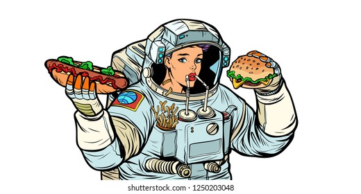 Una astronauta come. Cola, hot dog y comida rápida de hamburguesa. Aislar sobre fondo blanco. Pintura kitsch vectorial retro de arte pop