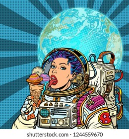 Woman astronaut eats planets of the solar system, like ice cream. Humanity and cosmic dreams concept. Pop art retro vector illustration vintage kitsch