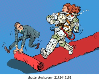 Woman Astronaut Hero On The Red Carpet Carpet Of The Movie Premiere. The Winner Goes Ahead. Pop Art Retro Vector Illustration 50s 60s Style Kitsch Vintage