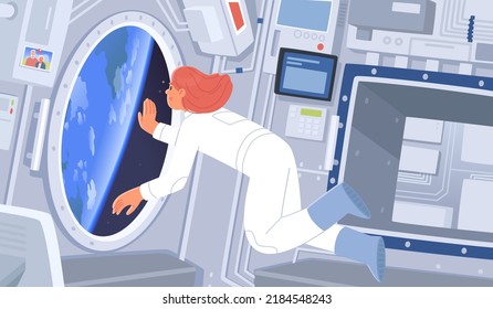 Woman astronaut inside a spaceship leaves the orbit of the planet Earth and goes on a space journey. Conquest and exploration of space. Vector illustration in flat style