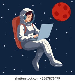 Woman astronaut with laptop with stars and red planet. Vector illustration of spacewoman in space. Freelance work. Flat illustration for banners