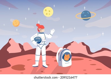 Woman astronaut on surface of planet background. Scientist explores space and another planet with cat in backpack. Space mission and astronomy research. Vector illustration in flat cartoon design