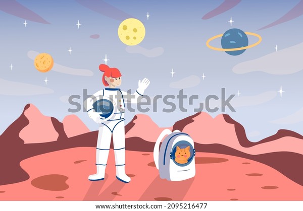 Woman astronaut on surface of planet background.\
Scientist explores space and another planet with cat in backpack.\
Space mission and astronomy research. Vector illustration in flat\
cartoon design