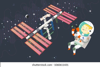 Woman astronaut in outer space is taking pictures of the space station, the moon and constellations of stars in the background. Vector illustration