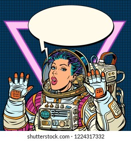 Woman astronaut. Pop art retro vector illustration. Girls 80s