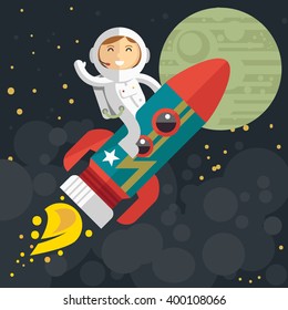 Woman astronaut riding a rocket. Vector illustration. Flat design.