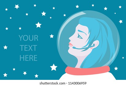 Woman astronaut scientist looks at the stars. Profile of a woman's face in a spacesuit. Vector futuristic illustration. Flat Cartoon Design