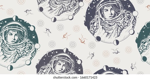 Woman astronaut. Seamless pattern. Packing old paper, scrapbooking style. Vintage background. Medieval manuscript, engraving art. Spaceman exploring new planets. Mountains on Mars 