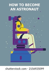 Woman astronaut sitting in gravity simulator, training before going to outer space, flat vector illustration. Modern technology to prepare spacemen and their vestibular apparatus.