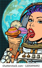 Woman astronaut. solar system, like ice cream. Humanity and cosmic dreams concept. Pop art retro vector illustration vintage kitsch