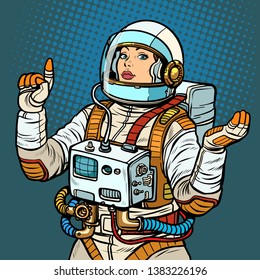 woman astronaut, space exploration. Pop art retro vector illustration vintage kitsch 50s 60s