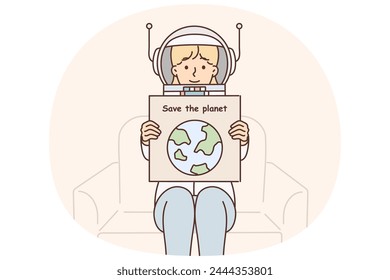 Woman in astronaut space suit holds poster calling for saving planet and taking care environment to combat CO2 emissions. Girl eco activist fights against harmful emissions polluting planet