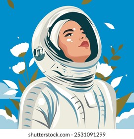 Woman astronaut in a spacesuit against the background of sky and flowers. International Women's Day. Space Day of Cosmonauts. Vector illustration, postcard