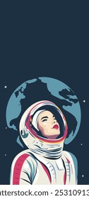 Woman astronaut in a spacesuit against the background of the starry sky. Cosmonautics Day. Women's Day. Banner with space for text. Vector illustration, postcard