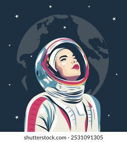 Woman astronaut in a spacesuit against the background of the starry sky. Cosmonautics Day. April 12. Vector illustration, postcard