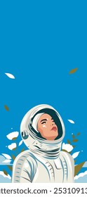 Woman astronaut in a spacesuit against the background of sky and flowers. International Women's Day. Space Day of Cosmonauts. Banner with space for text. Vector illustration, postcard