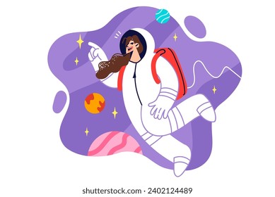 Woman astronaut in spacesuit flies in zero gravity studying planets and stars of universe or galaxy. Girl astronaut or cosmonaut participants in research mission and looks for traces of ufo in space.