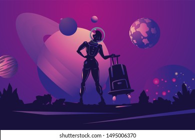 Woman astronaut in spacesuit with travel bag. Space trip cartoon illustration. Futuristic concept. Girl traveler.