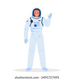 Woman astronaut standing in spacesuit and helmet. Young cute female pilot or captain of spaceship waving hand, smiling pretty girl with cosmonaut and spaceman profession cartoon vector illustration