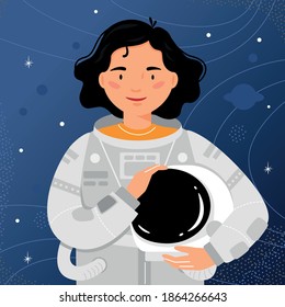 Woman astronaut stands on the background of the starry sky. Woman cosmonaut portrait.