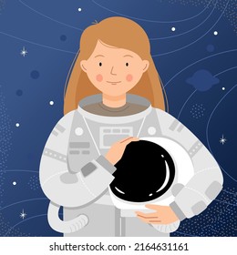 Woman astronaut stands on the background of the starry sky. Woman cosmonaut portrait. Vector flat illustration.