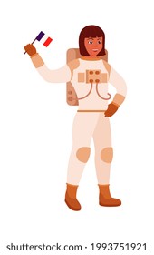 Woman astronaut universe explorer holding flag on white