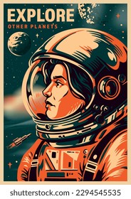 Woman astronaut vintage flyer colorful with girl in spacesuit for spacewalk near inscription explore other planets vector illustration