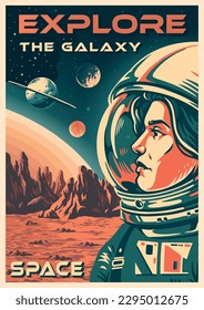 Woman astronaut vintage flyer colorful with face of girl in spacesuit traveling through space in search of adventure vector illustration