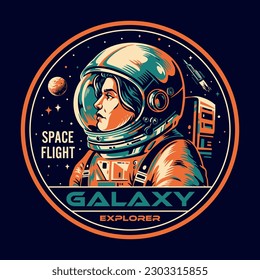 Woman astronaut vintage sticker colorful with heroic girl traveling through galaxy in search of water on different planets vector illustration