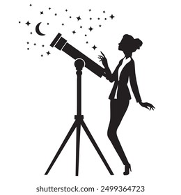 Woman astronomer at the telescope examines the starry sky