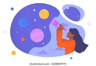 Woman with astronomy concept. Young girl with binoculars looks at night starry sky with planets. Astrology and education. Galaxies and universies, space. Cartoon flat vector illustration