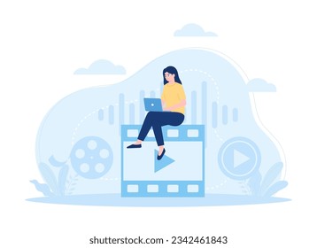 A woman atching movie via laptop trending concept flat illustration