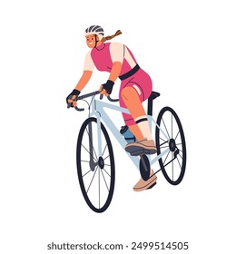 Woman athlete cycling. Happy young female cyclist in helmet and sportswear, riding bike. Professional biker in action, enjoying extreme activity. Flat vector illustration isolated on white background