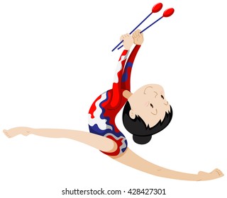 Woman athlete doing gymnastics with objects illustration